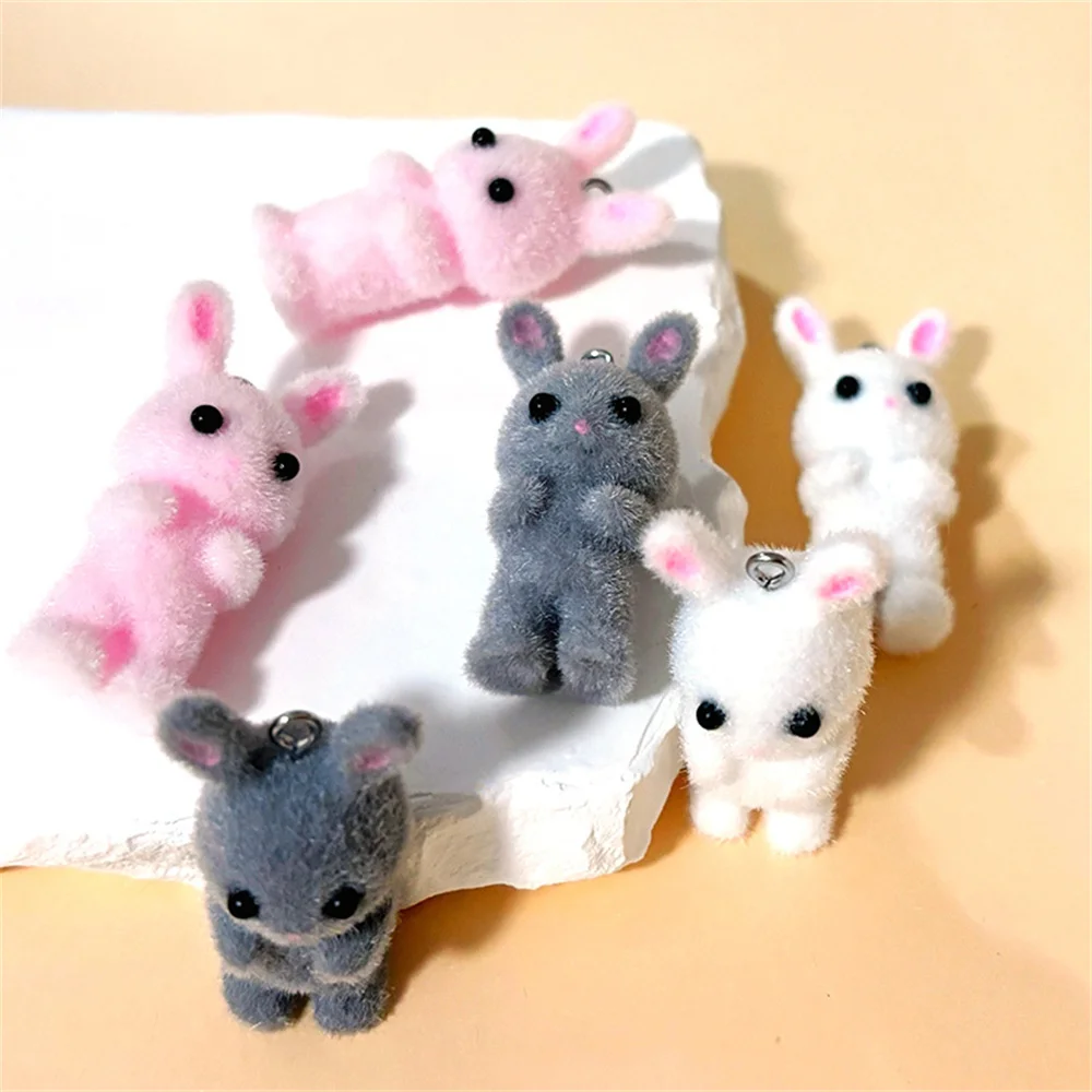 5pcs Cute Flocking Rabbit Resin Charms for Jewelry Making