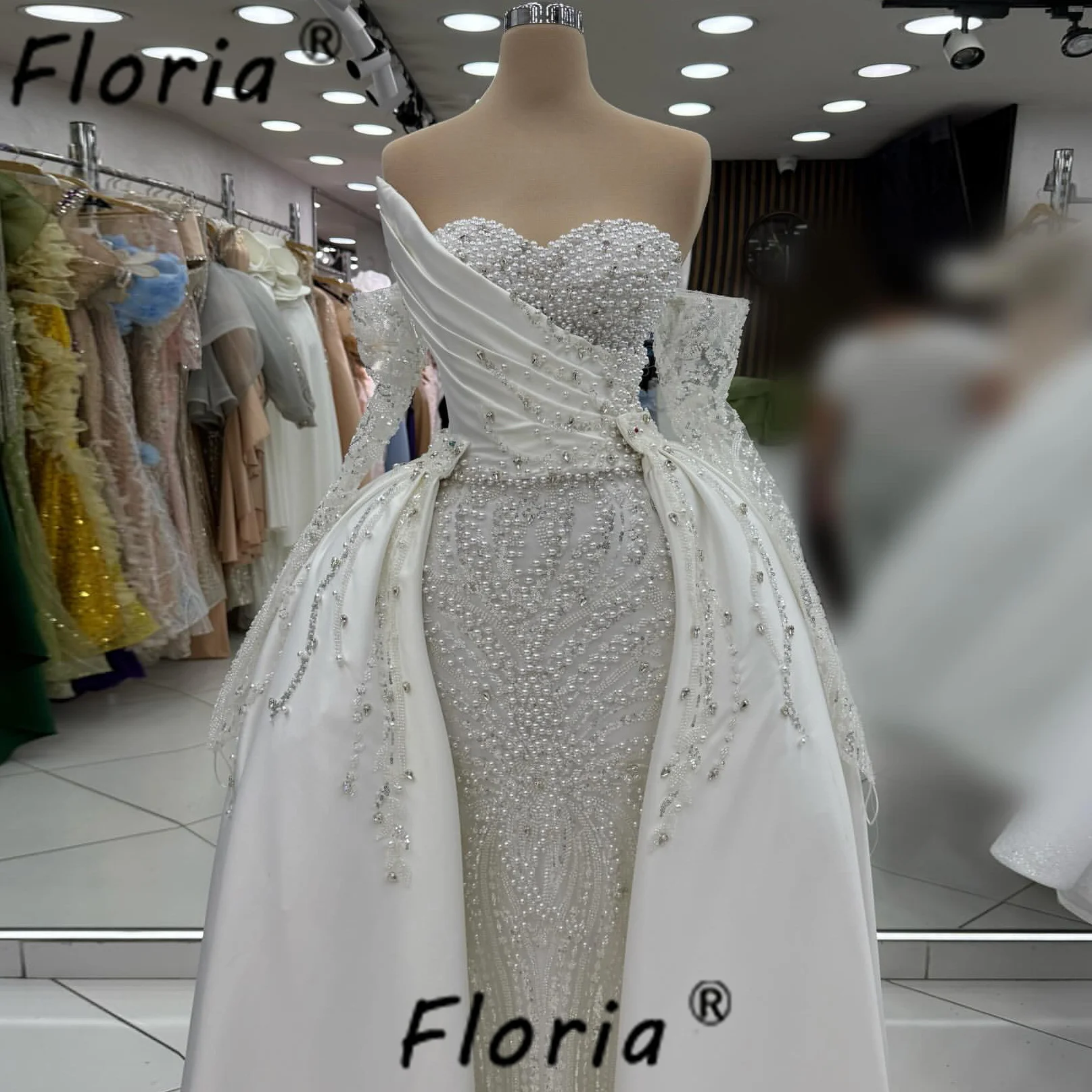 فستان زفاف أبيض فاخر مع ذيل قابل للانفصال لؤلؤ كريستال ساتان حورية البحر رداء حفلات العروس امرأة أفريقية فيستدوس دي غالا #2