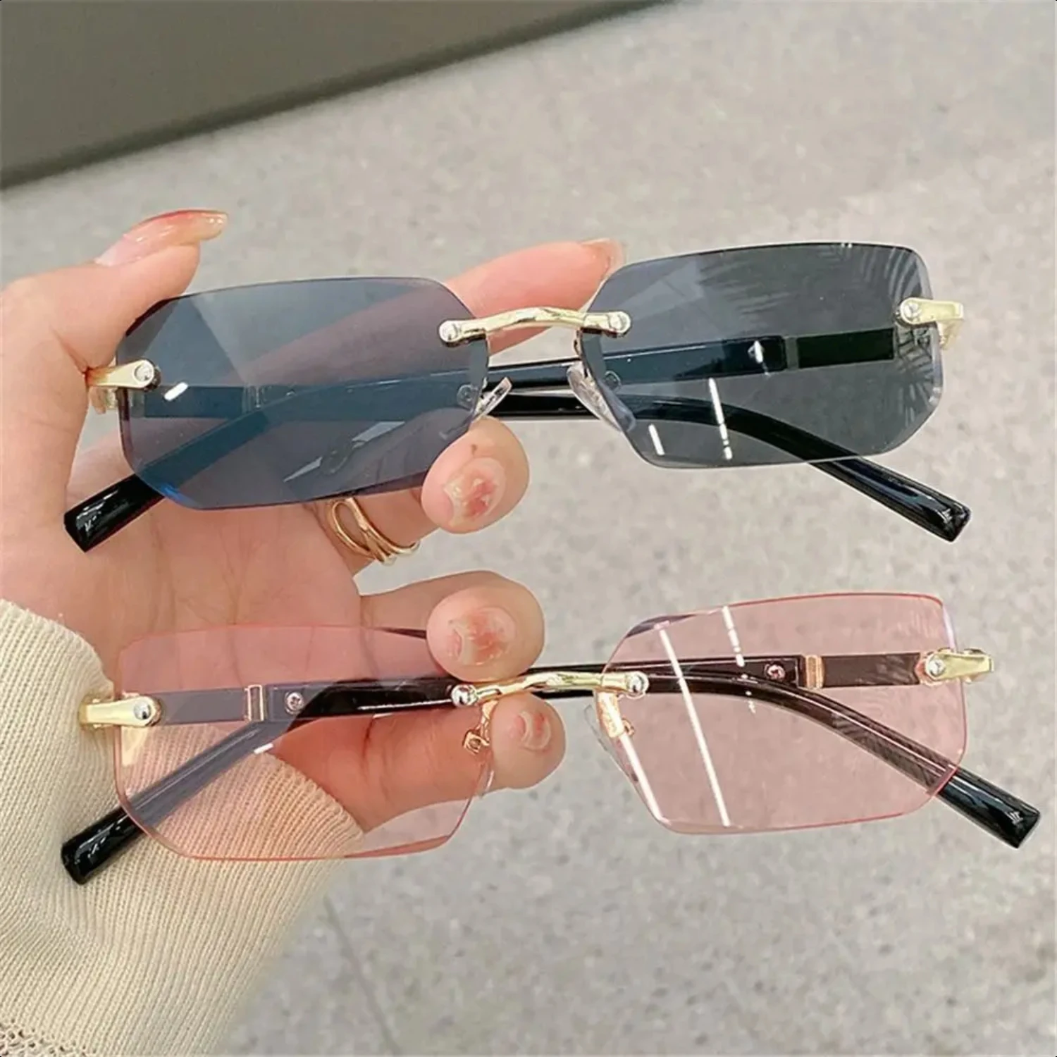 Trendy Rimless Sunglasses  Men Women Fashion Frameless Rectangle Sun Glasses Retro Shades Summer Traveling Eyewear UV400