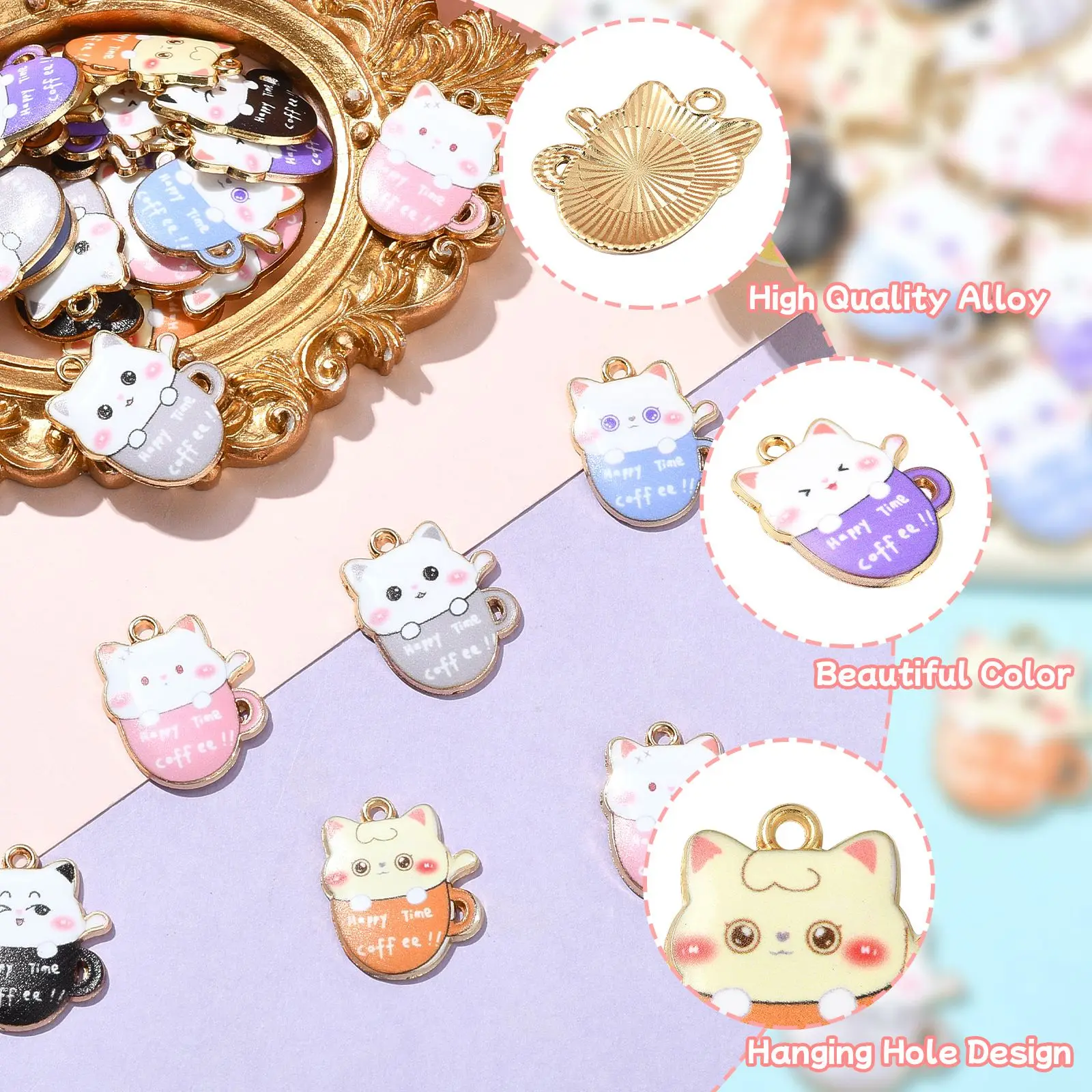 30Pcs 6 Colors Cat with Coffee Cup Enamel Charms Cute Animal Tea Cup Charms for Jewelry Making