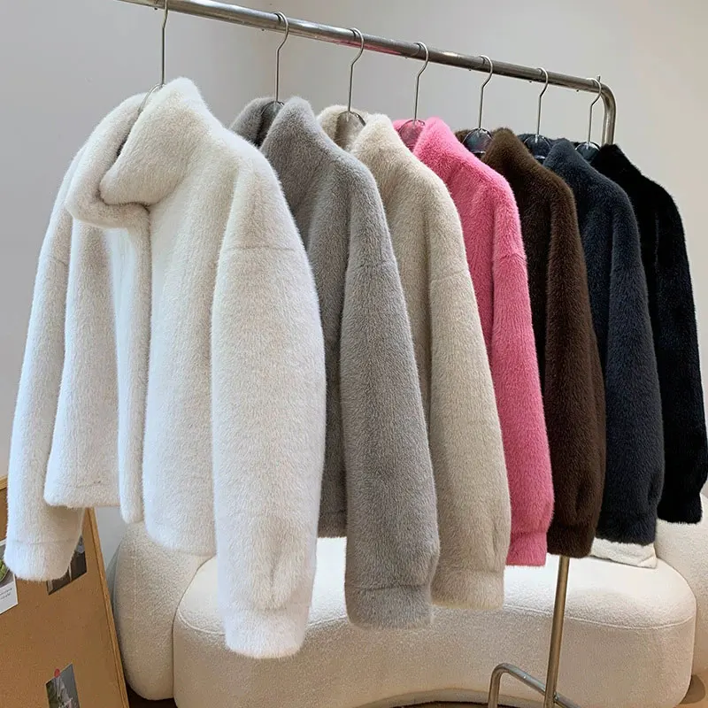

Real Photo Stylish Fur Coat Female Winter New Stand-Up Collar Imitating Mink Fur Thick Warm Artificial Fur Overcoats Female