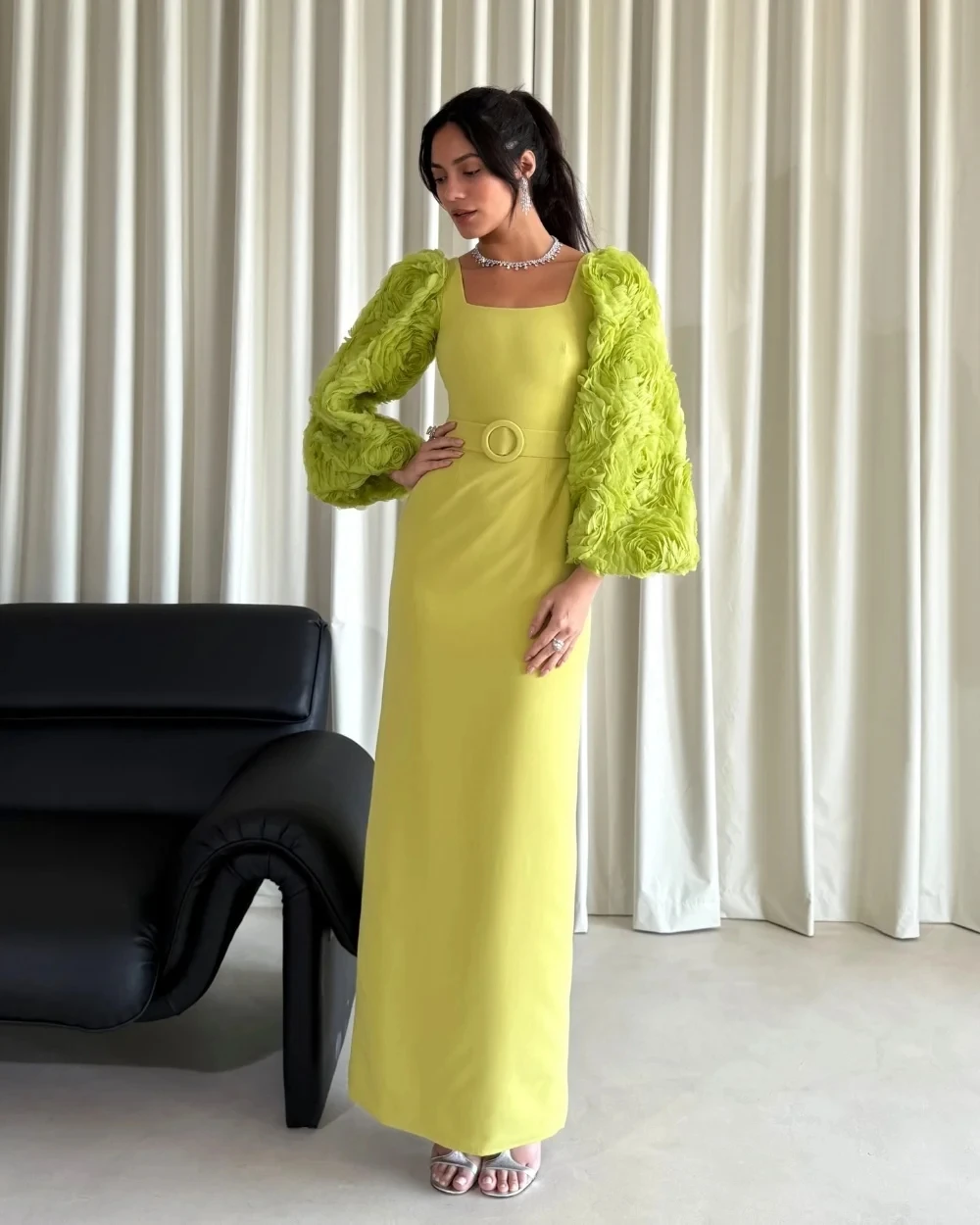 

Green Floral Long Sleeves Bespoke Occasion Gown Evening Dresses Prom Pastrol Unisex Jersey Retro Dubai Saudi Arabic Customized