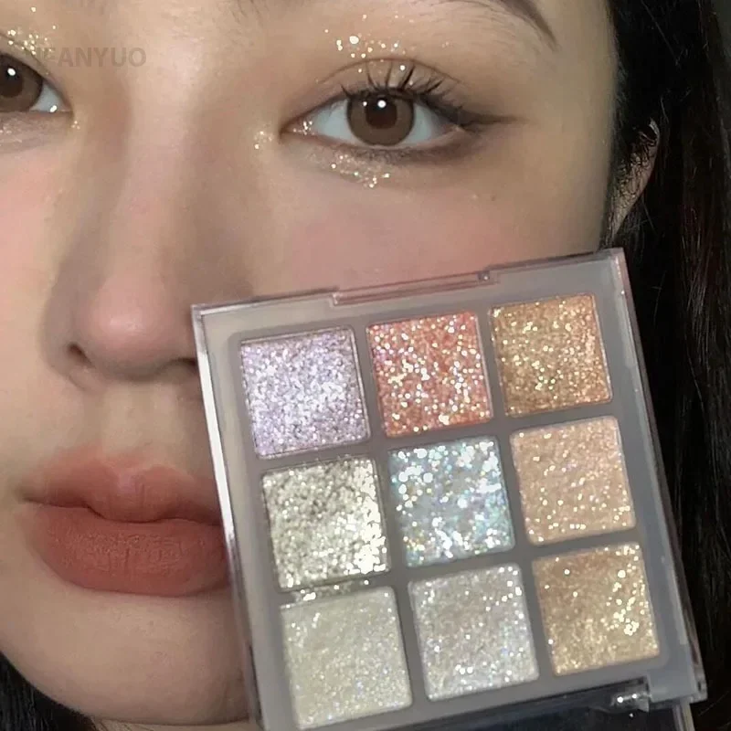 Palette di ombretti glitterati da 9 colori Colore terra Ombretto perlescente Shimmer Highlights Paillettes scintillanti Trucco occhi blu viola