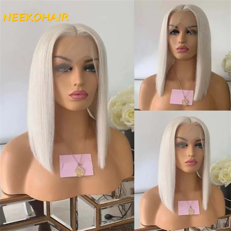 13x4 #60 Color Platinum Blonde Short Bob Wigs Lace Front Wig Human Hair With Pre Plucked Brazilian Ash Blonde Straight  Bob Wig