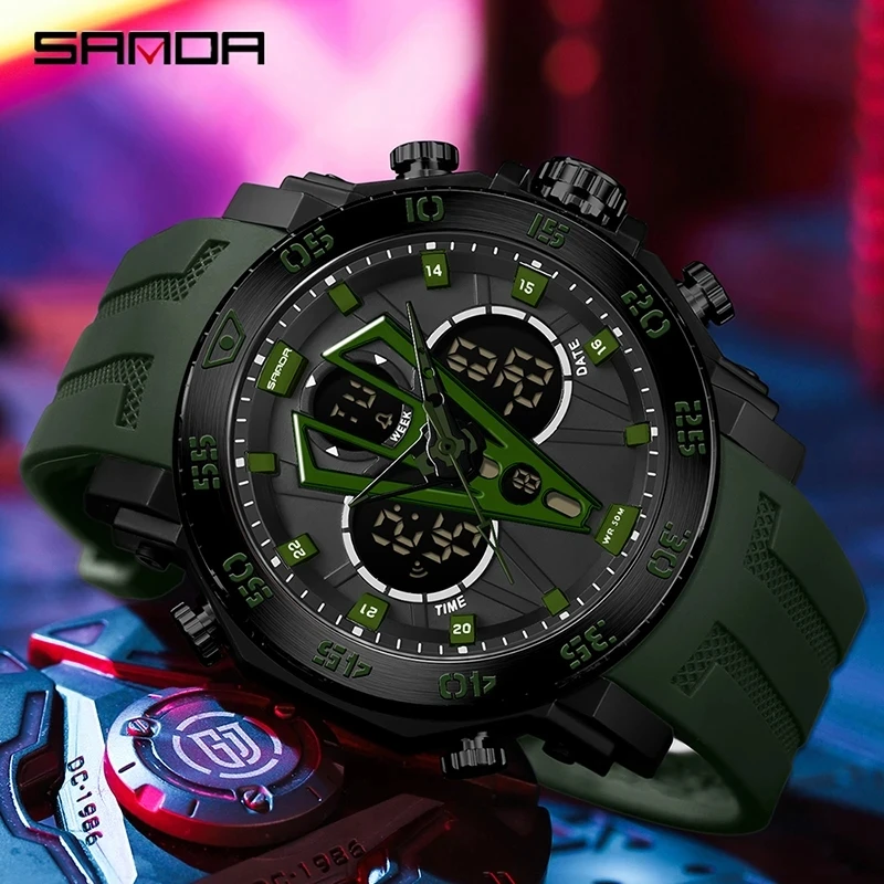 Fashion Sanda 6105 Top Brand Luxury Men Military Army Waterproof Sport Wristwatch Dual Display Watch Led Male Relogio Masculino