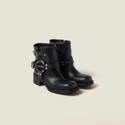 Women's Vintage-look Leather Booties Black Side Buckles Straps Harness Ring Boots