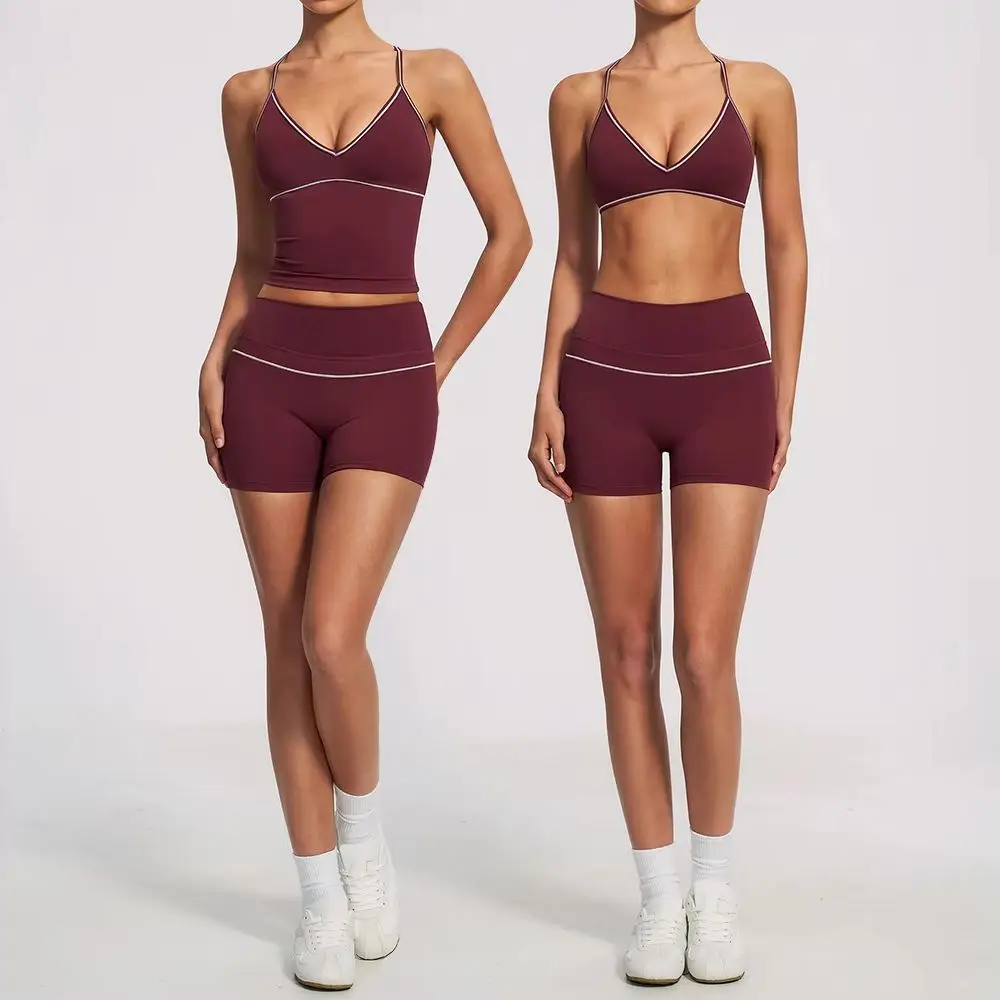 女性用2ピーストラックスーツ、vバックコントラストパイピングショーツセット、パッド入りクロップトップ付き、ジムランニングヨガアクティブウェア、ボトムスとトップス。