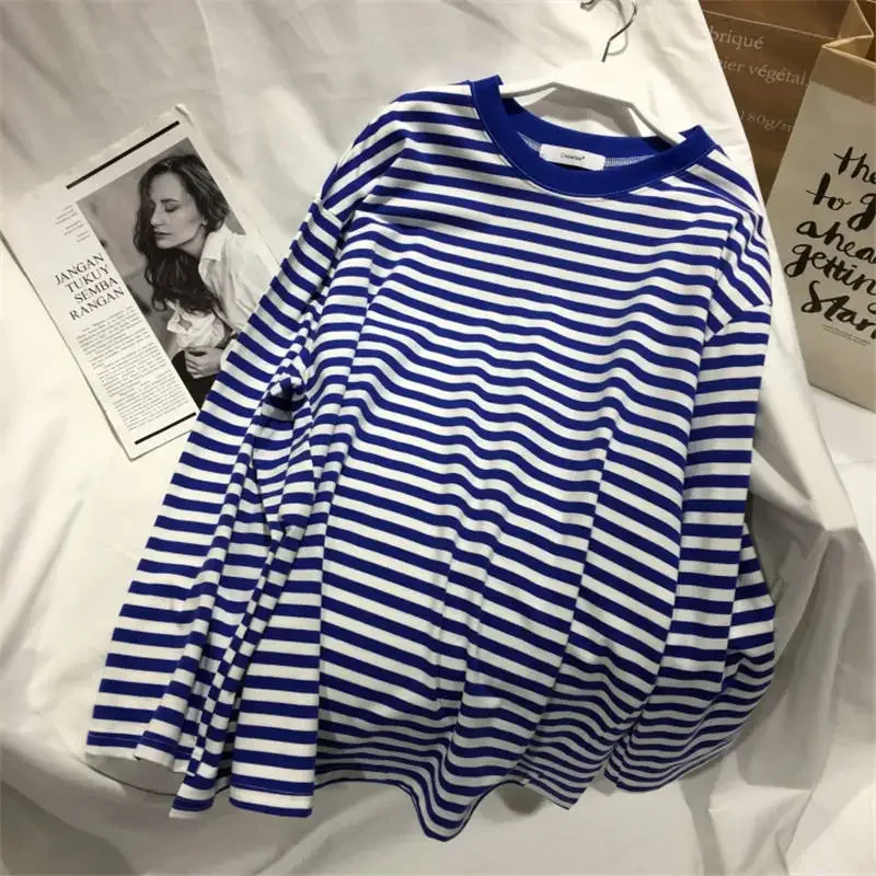 Stripe T Shirts Womens Medium-long Casual TShirt O-neck Tops Korean Streetwear Oversized Women Clothes 2023 Fashion Sweatshirt