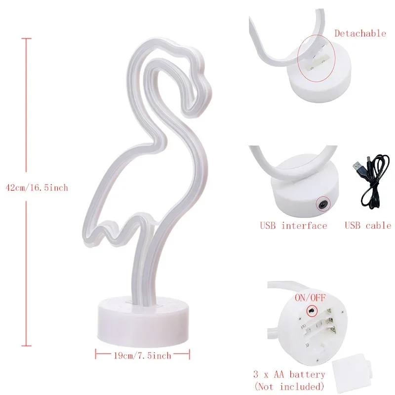 USB وبطارية إمدادات الطاقة مصباح النيون LED ضوء الليل تسجيل فلامنغو شجرة جوز الهند الصبار الجدول مصباح هدية عيد ميلاد غرفة الديكور #5