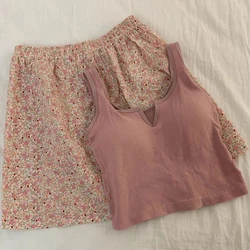 Conjunto floral de calças de pijama feminino, colete elástico com almofadas de sutiã, pijama no peito, calça doméstica, alto valor