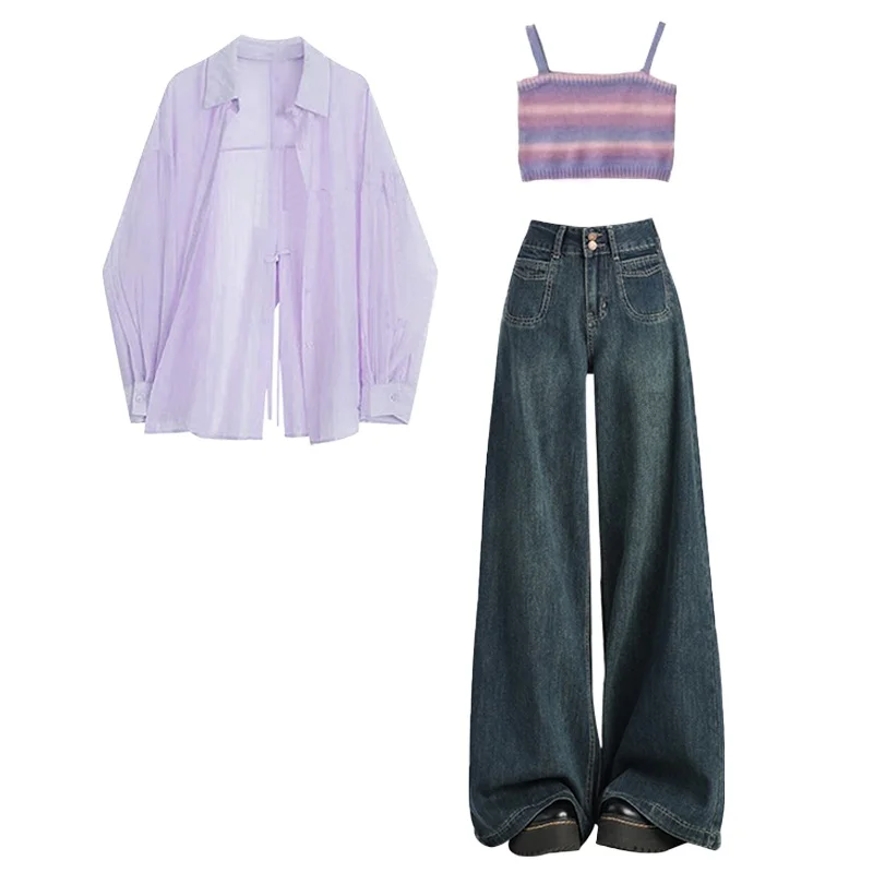 Zomer Anti-Uv irt Ontwerp Hoge Taille Jeans Vest Tee-delige Set Koreaanse Sle Agel Faion plus Size Kraag Button up