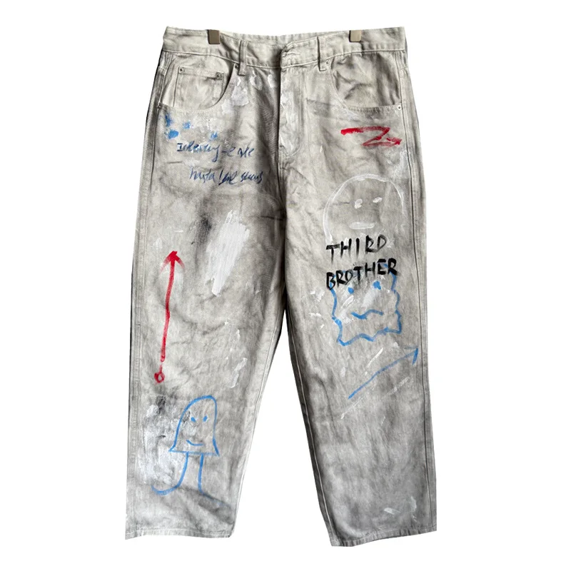 American casual hooligan handsome graffiti painted retro distressed jeans men's straight leg loose high street wide leg pants