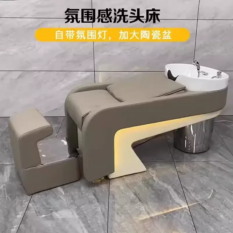 Internet celebrity shampoo bed barber shop special hair shop shampoo bed simple stainless half lying steel ceramic basin flush b