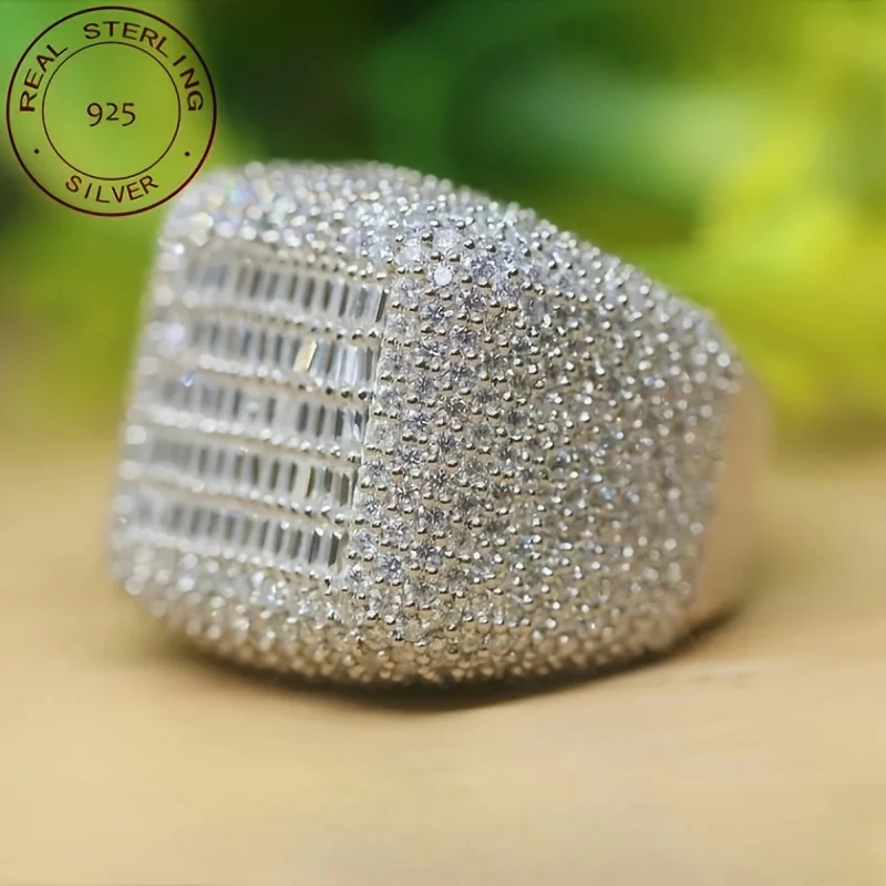 فاخر S925 خواتم فضة كامل الجليد خارج الرغيف الفرنسي Labd الماس الزركون الدائري للرجال تمثال نصفي 14K الذهب الأبيض مطلي الهيب هوب مجوهرات #3