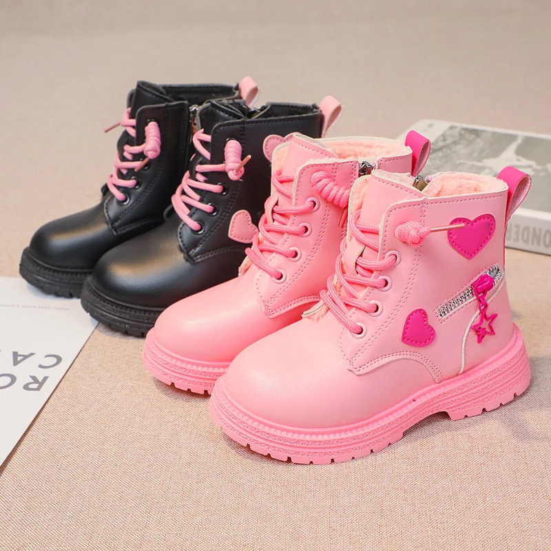 Girls Boots Kids Fashion Rubber Boots Cool Girl Autumn Winter New Cotton Soft Sole Pink Heart Side Zip Round Toe Princess Shoes