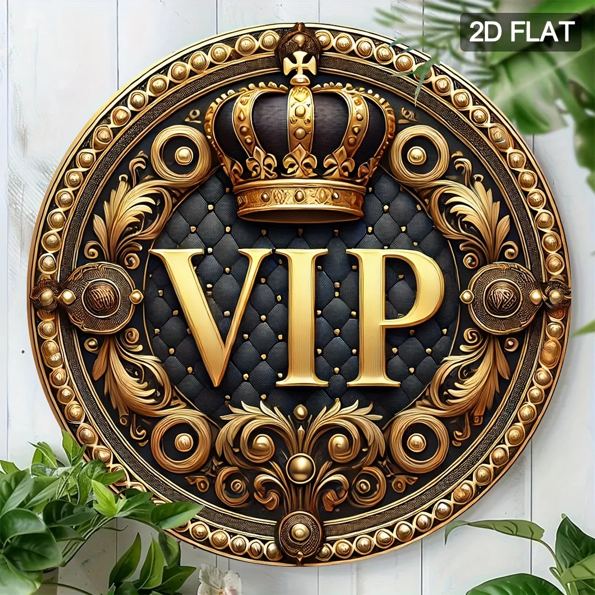 [2D Flat] 1 Luxus-Wandschild aus Aluminium in Königsblau und Gold – 7,8 Zoll rund, verziertes Kronendesign mit „VIP“-Schriftzug, perfekt für
