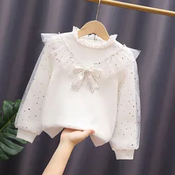 Elegant Kids White Blouse with Bow and Lace Detail Long Sleeve Bubble Sleeve Top for Girls Trendy 2024 Spring Collection Shirts