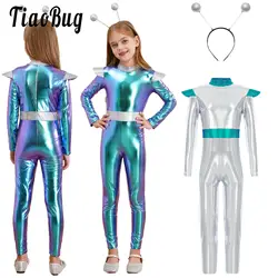 Girls Boys Alien Cosplay Costume Robot Spacemen Astronaut Long Sleeve Jumpsuit with Hair Hoop for Halloween Carnival Party