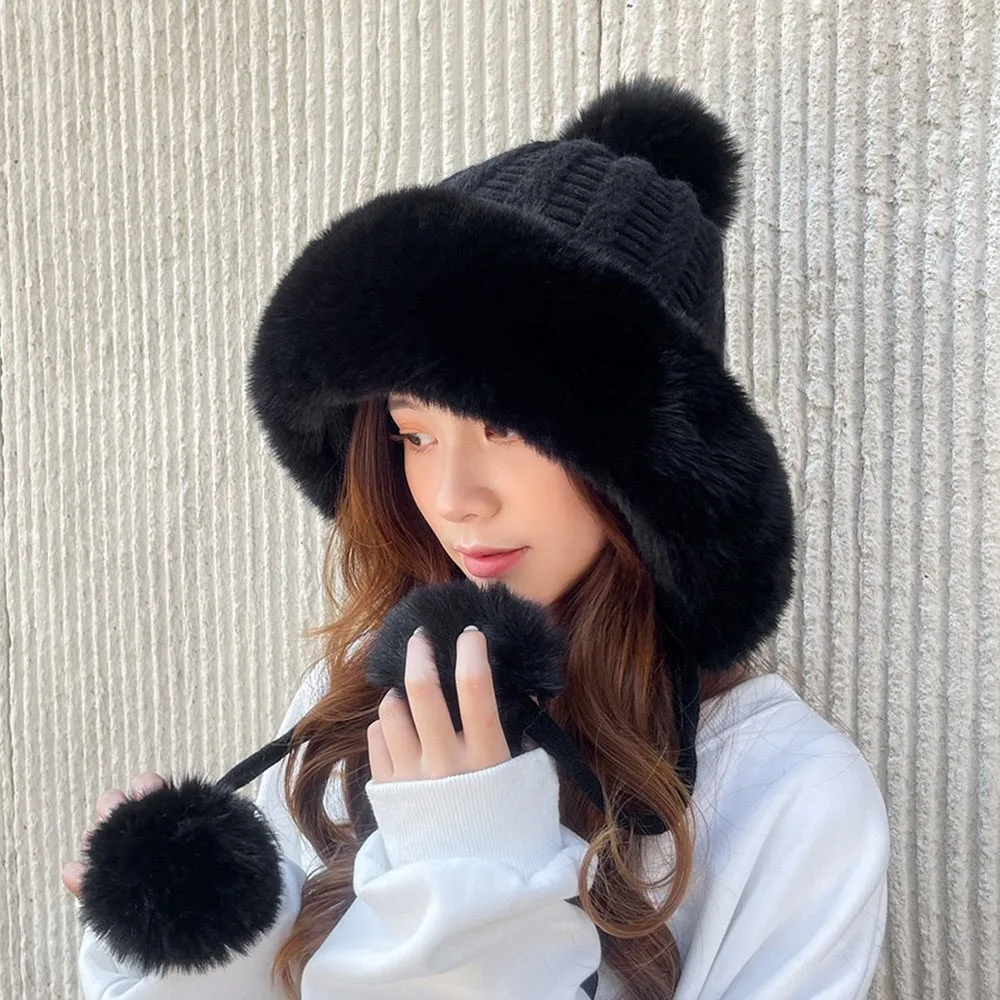 

Fashion Windproof Knitted Plush Hat Coldproof Thickened Beanies Cap Keep Warm Ear Protection Hat for Women Girls