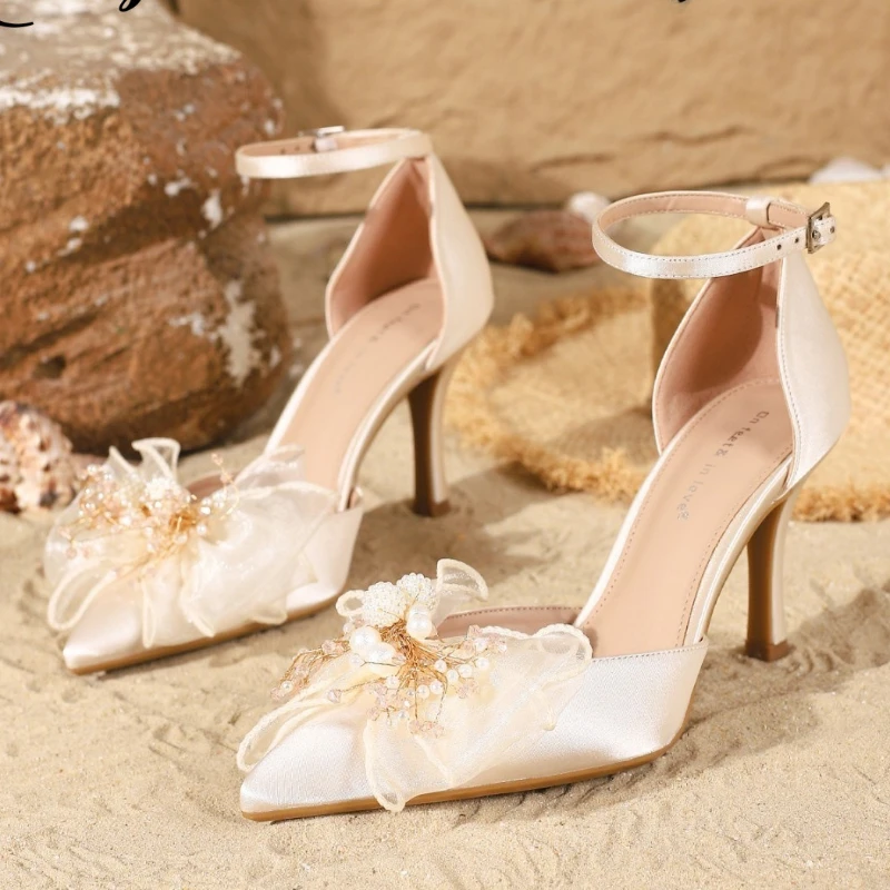 

Pearl Butterfly-Knot Wedding Bride Shoes Fashion Pointed Toe Heeled Sandals Women Elegant Hollow Ankle Strap Thin High Heels