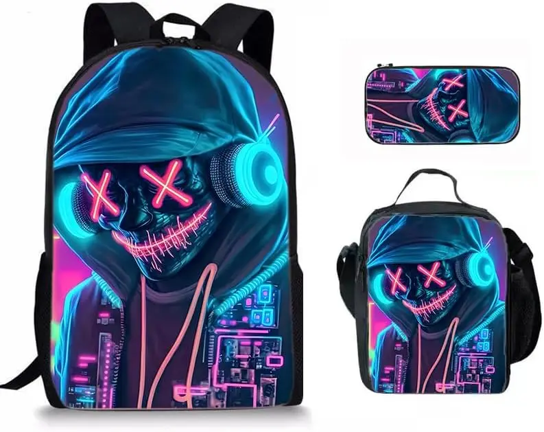 

Game console printed backpack, red handle design three-piece set, black and red game console printed backpack