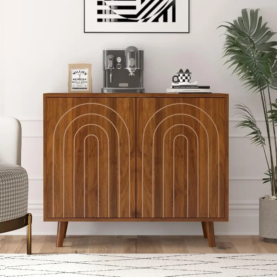 Accent cabinet for bedroom, living room, kitchen, office, hallwaywalnut finish, carved lines, modern sideboard with adjustable