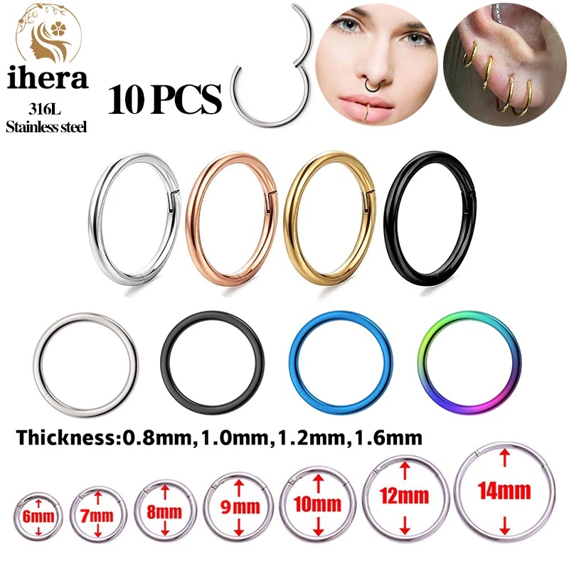 10PCS Silver Color Stainless Steel Small Nose Rings Septum Piercing Clicker Gold Color Round Earrings Hoop Ear Cartilage Jewelry