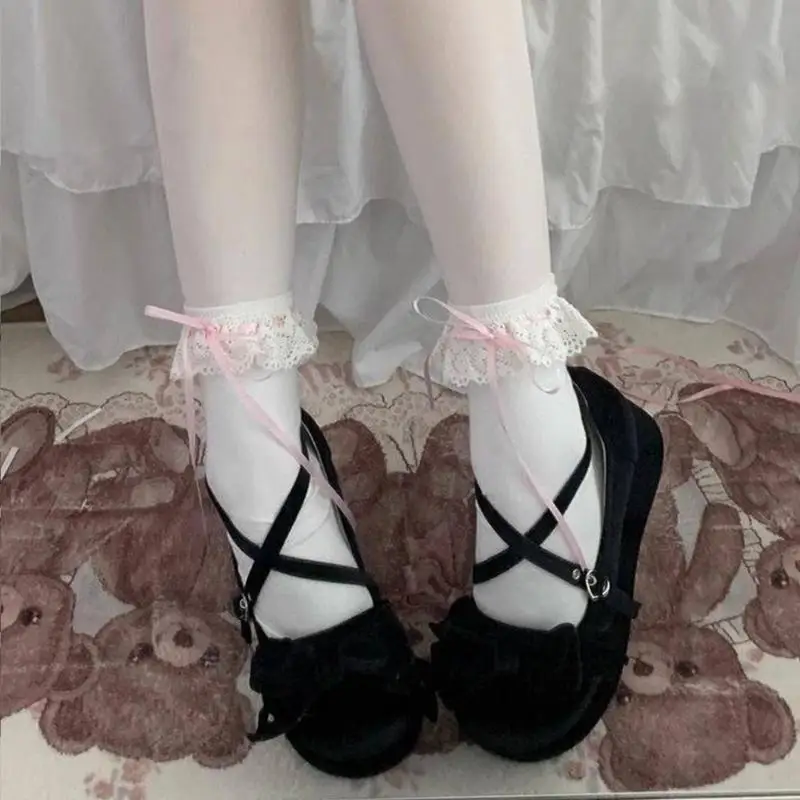 

195E Womens Summer Calf Socks Lace Trims Cotton Sock Stretch Bowknot Socks for Dress