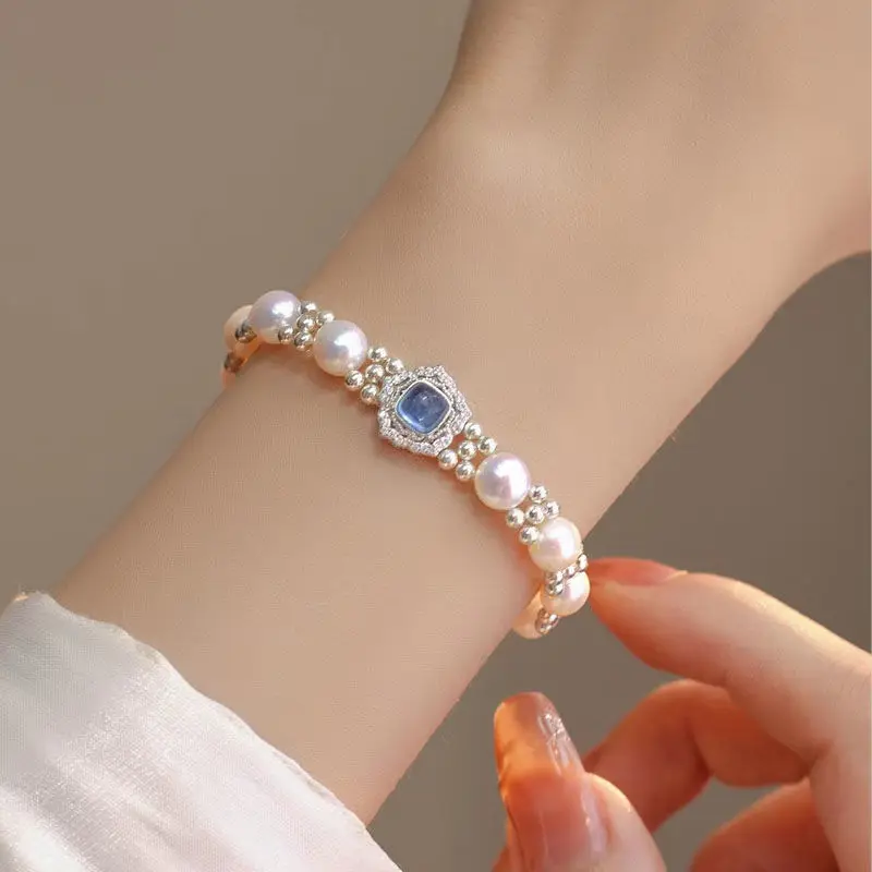 2026 Style Design Aquamaro Pearl Sterling Silver Bracelet Niche Personalized Gift Durable Light Luxury Women's High-end Jewelry