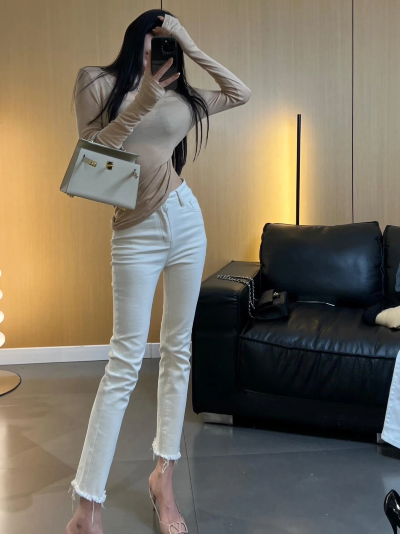 

Slim Fit High Waist Straight Leg Denim Jeans Women's Korean Style Autumn New Arrival Cotton Stretch Light Blue Jeans