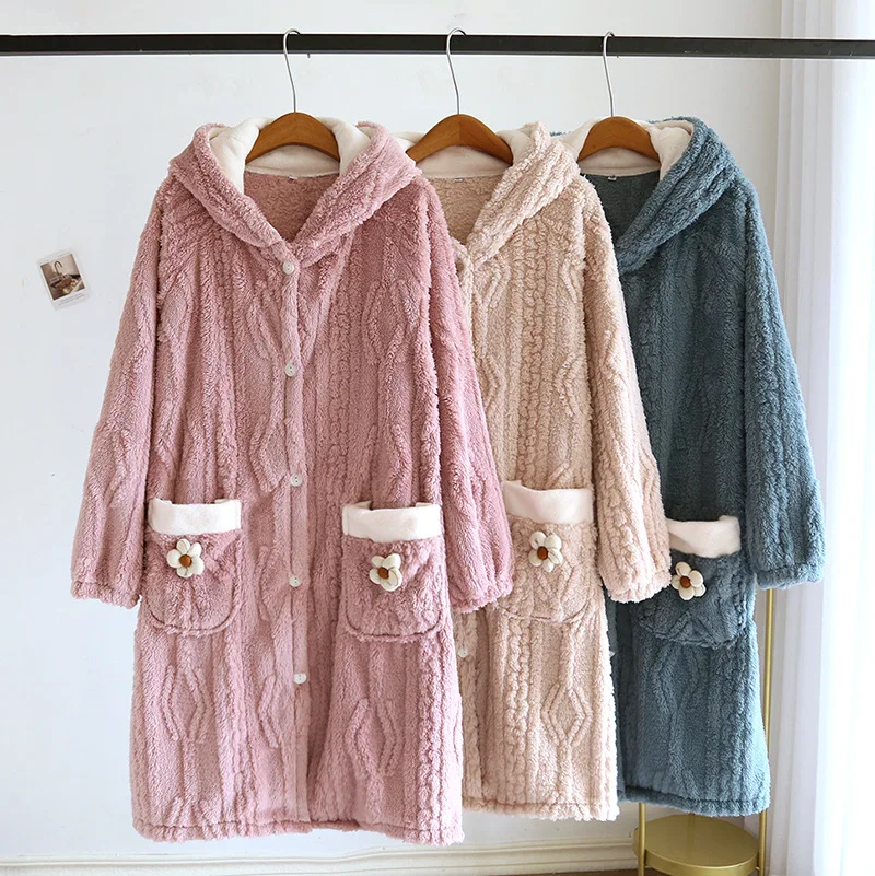 

Autumn Winter Women's Hooded Long Flannel Nightdress Thickened Warm Coral Fleece Nightgown Home Service Skirt Sleepwear
