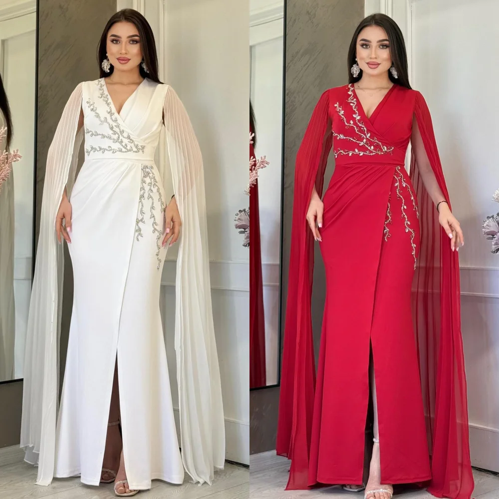

Customized Matching Classic Jersey Rhinestone Pleat Mermaid V-neck Long Dresses Bespoke Occasion Dresses High Quality Fashion