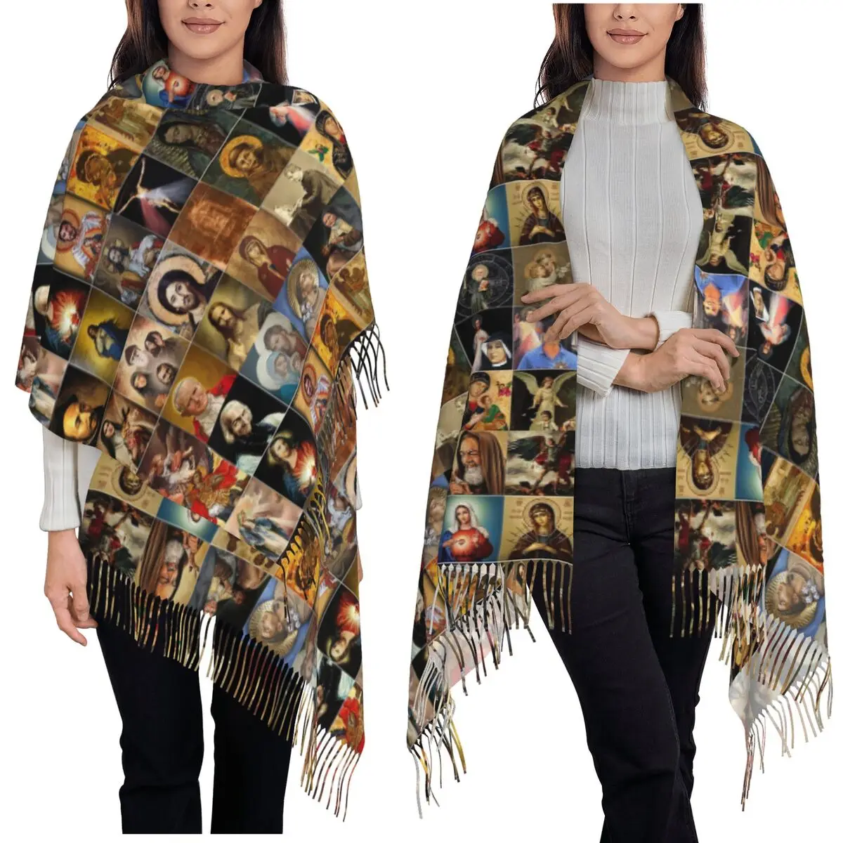 

Святые Иисус Мэри, я доверя в тебя, шарф, шарфы с кисточками, женские мягкие теплые шали и накидки, длинная осенне-зимняя шаль, накидка