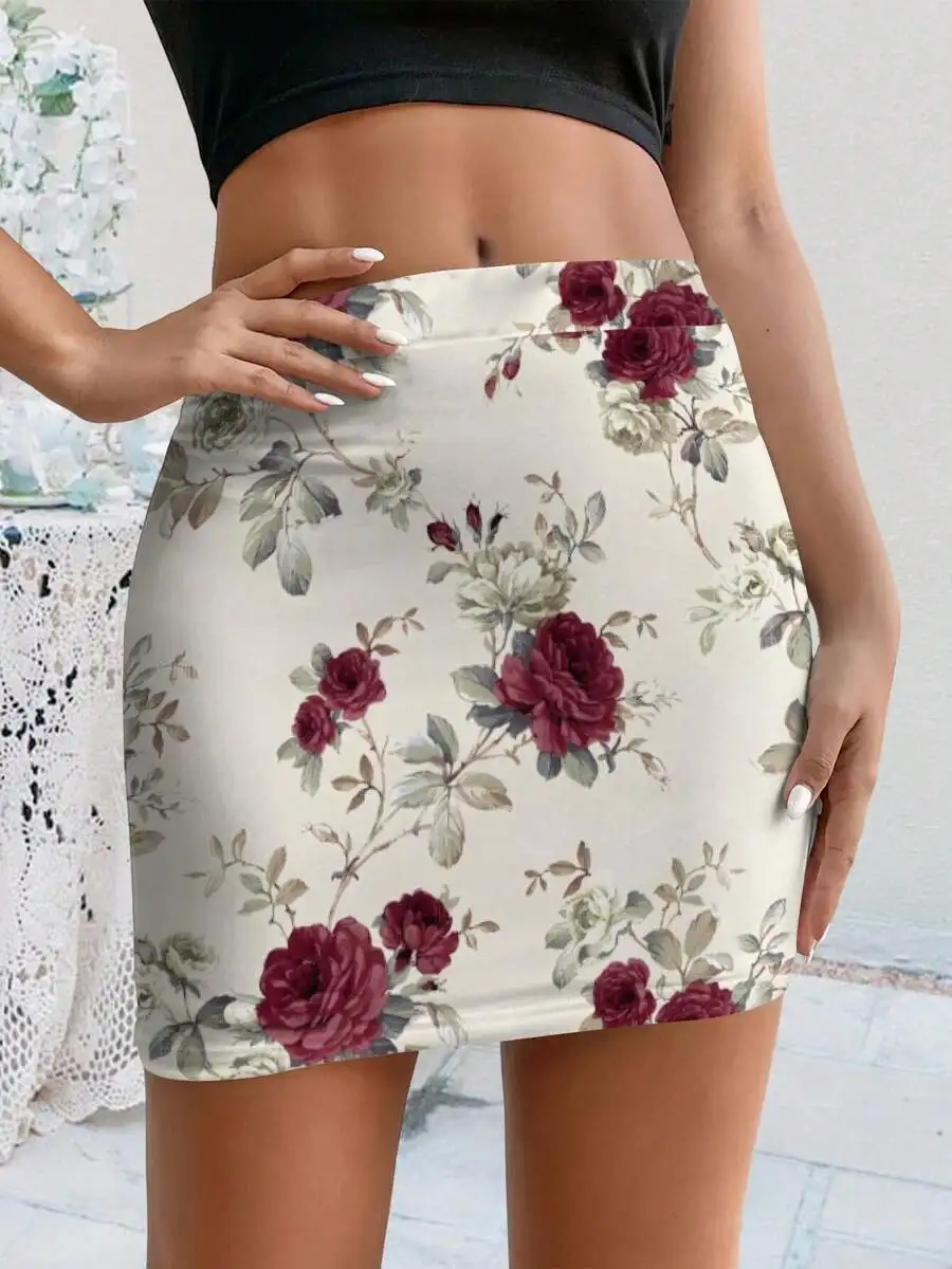 Women Burgundy Rose Floral Print Bodycon Pencil Skirt Vintage Slim Fit Casual