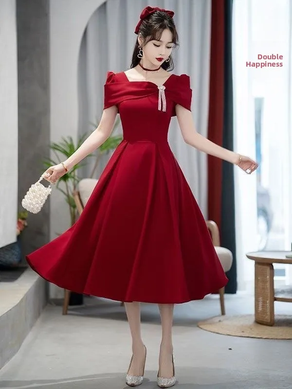 Red Evening Dr Ele a vita media gonna a linea ort Sve Zipper Sle Cerimonia di matrimonio Fidanzamento Par Tessuto in poliestere