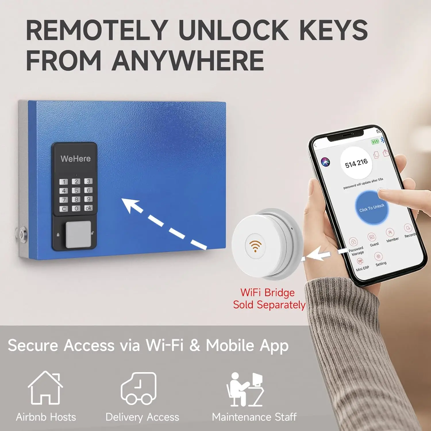 Smart Key Safe Box(16 Keys), Smart Wall Mount Key Cabinet with Key Tags, OTP/APP/Fixed Code Unlock, Security Storage Key Holder