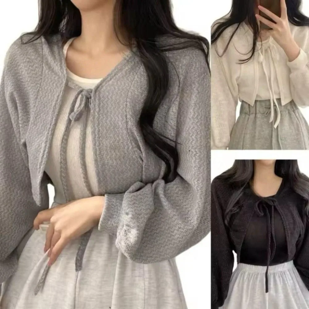 

Korean Style Knitted Cardigan Short Long Sleeve Raglan Sleeve Knitwear Tops Lantern Sleeve Lace-Up Sweater Shawl Spring Autumn