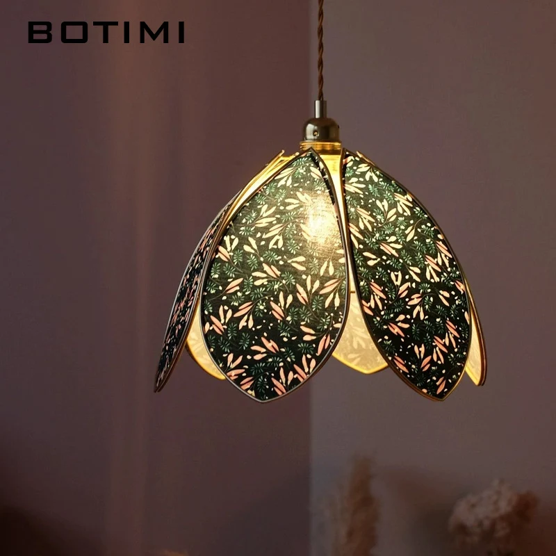 BOTIMI Flower Cloth LED Pendant Light For Bedroom Wire Hanging Blue Fabric Art Suspension Luminaire Bedside Lamps