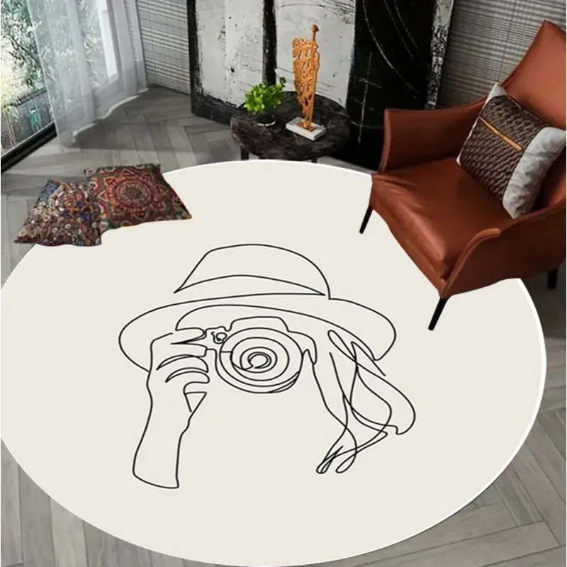 Minimalistischer Linienmuster, runder Teppich, modernes schwarzes Linien-Kamera-Design, weicher, rutschfester Teppich, Wohnzimmer, Schlafzimmer, Dekor, Bodenmatte