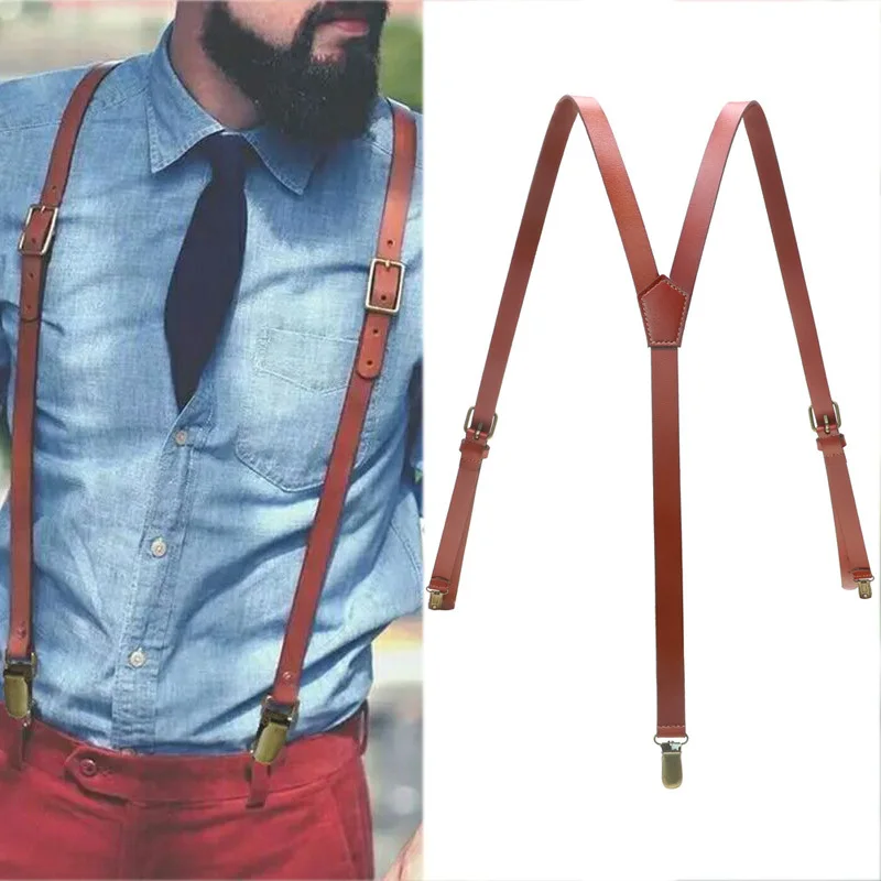 

118cm Length Mens Suspenders Retro 3 Clips Strap Unisex Leather Y-shaped Suspender PU Non-slip Sling Clip Casual Men's Braces