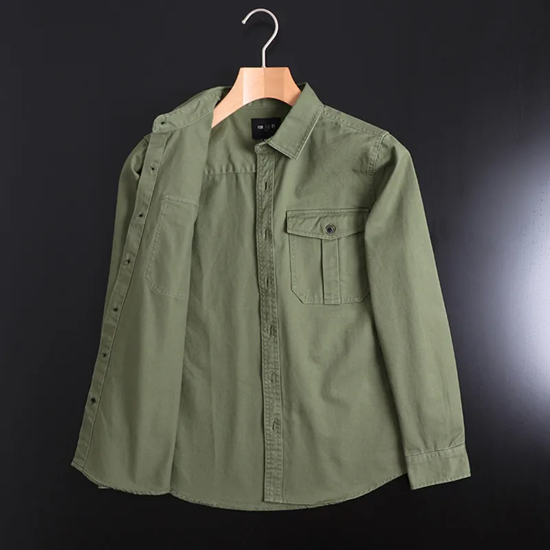 Twill Yarn Card Washed Japanese Single Men\'s Clothing Tooling Cotton Long Sleeve Shirt Outoor Hiking Trekking Military Uniform