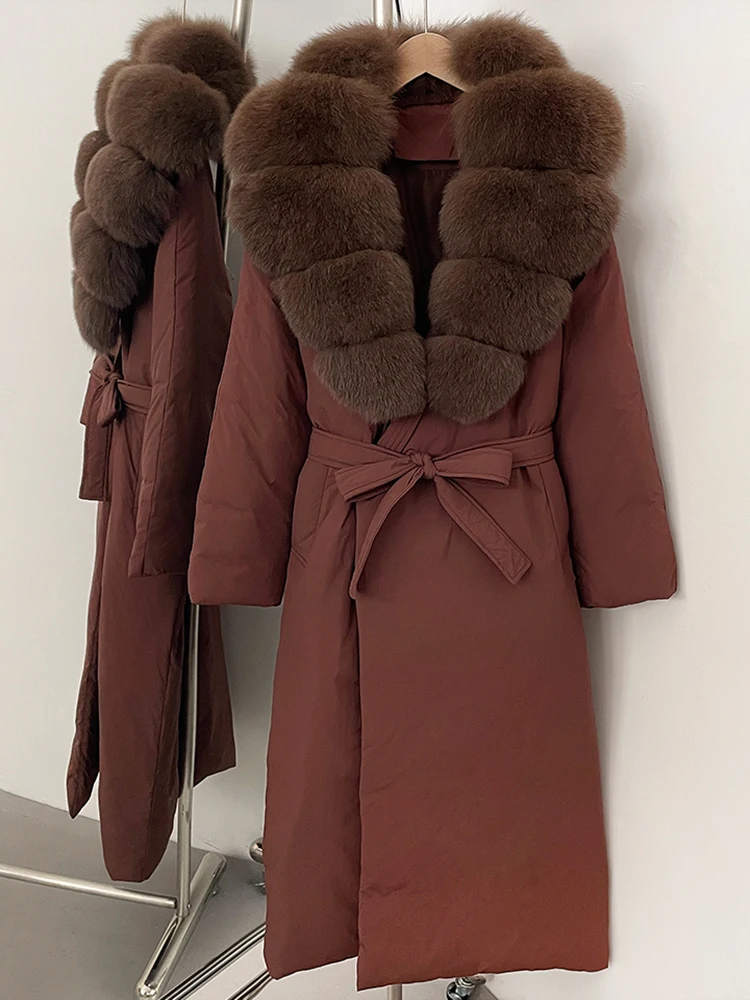 

MENINA пушистая куртка-пуховик с воротником из натурального лисьего меха, женская длинная зимняя пуховая одежда 2025 года, женское утолщенное теплое белое пальто на утином пуху