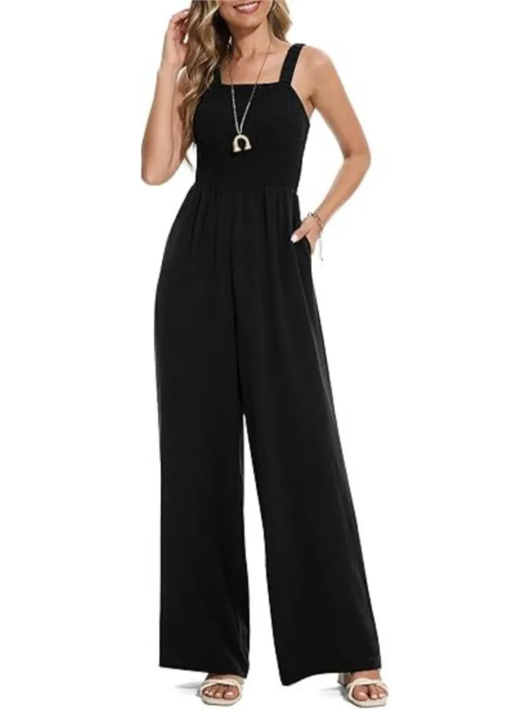 

Female Jumpsuit Casual High Waisted Wide Leg Square Neck Pocket Sleeveless Jumpsuits Office Casual Commuting Streetwear Overalls