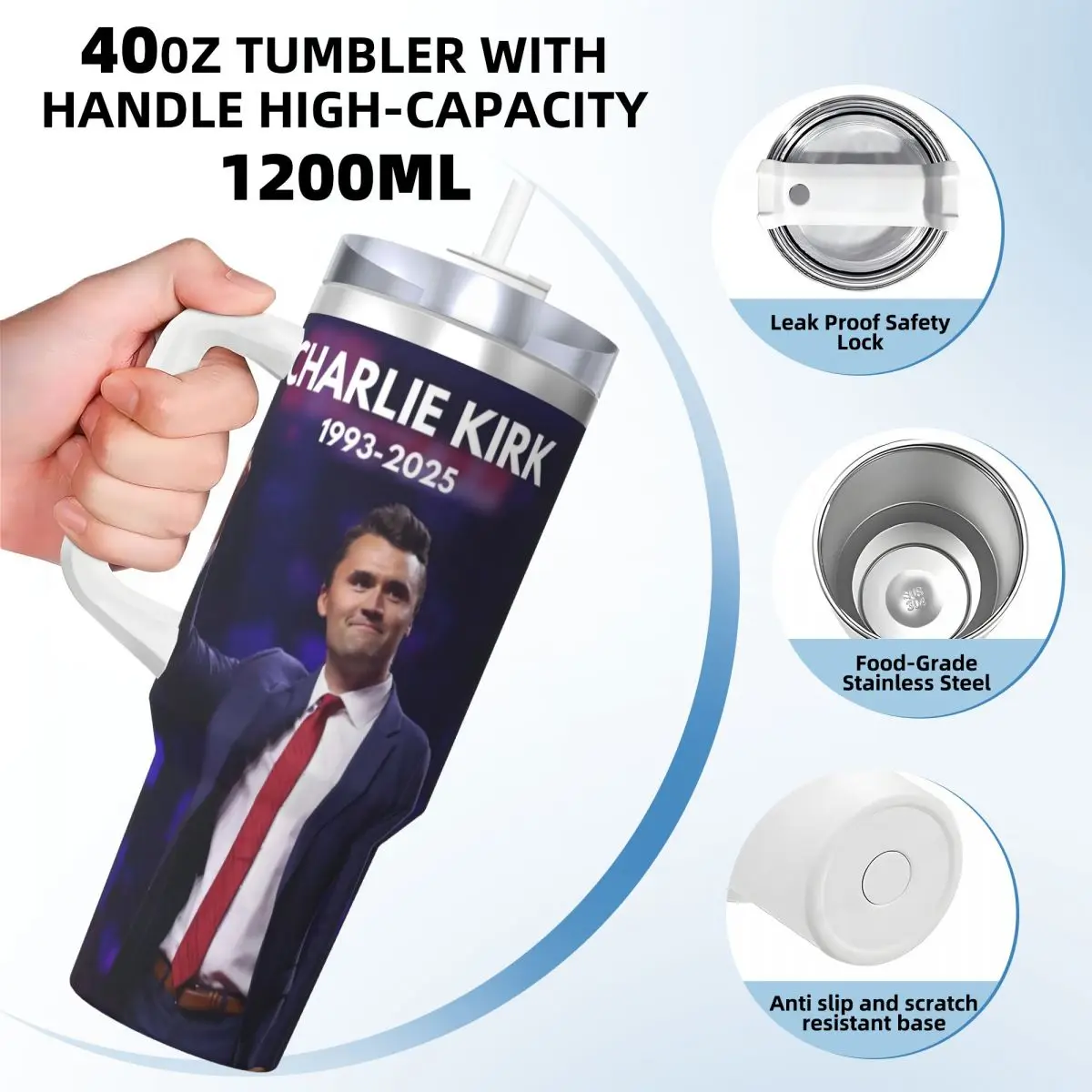 Repose-gobelet en acier inoxydable dans la paix, tasse à café Charlie Kirk, tasses de voiture froides et chaudes isolées, bouteille d'eau personnalisée pour voyageur