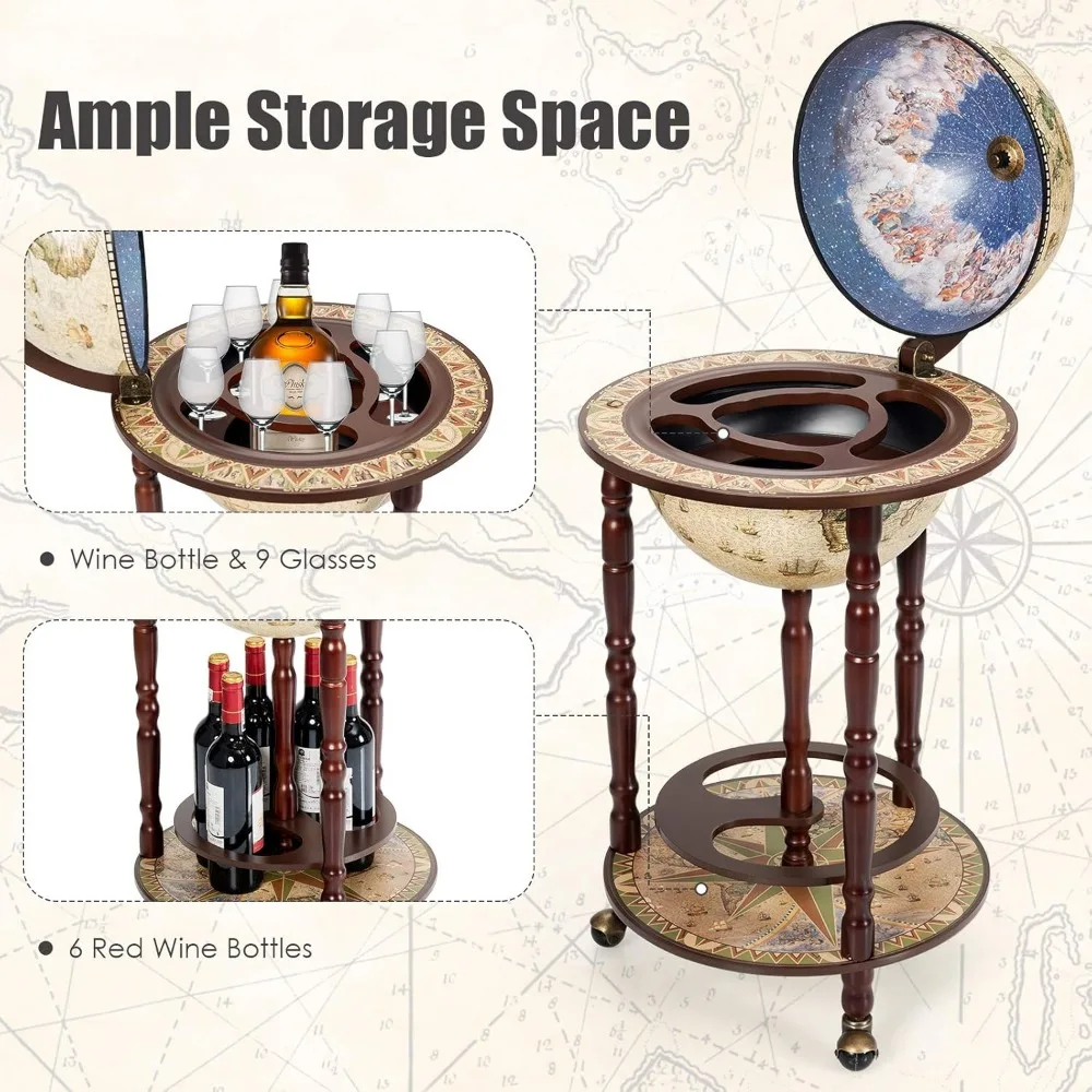 Réplica italiana de soporte para bar de vinos con globo del siglo XVII, gabinete de madera y ruedas para botellas de licor