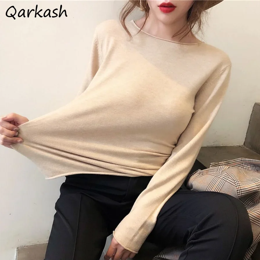 

Pullovers Women Spring Autumn High Stretchy Harajuku Retro Elegant Solid Femme O-neck All-match Chic Inside Simple Sweater Daily