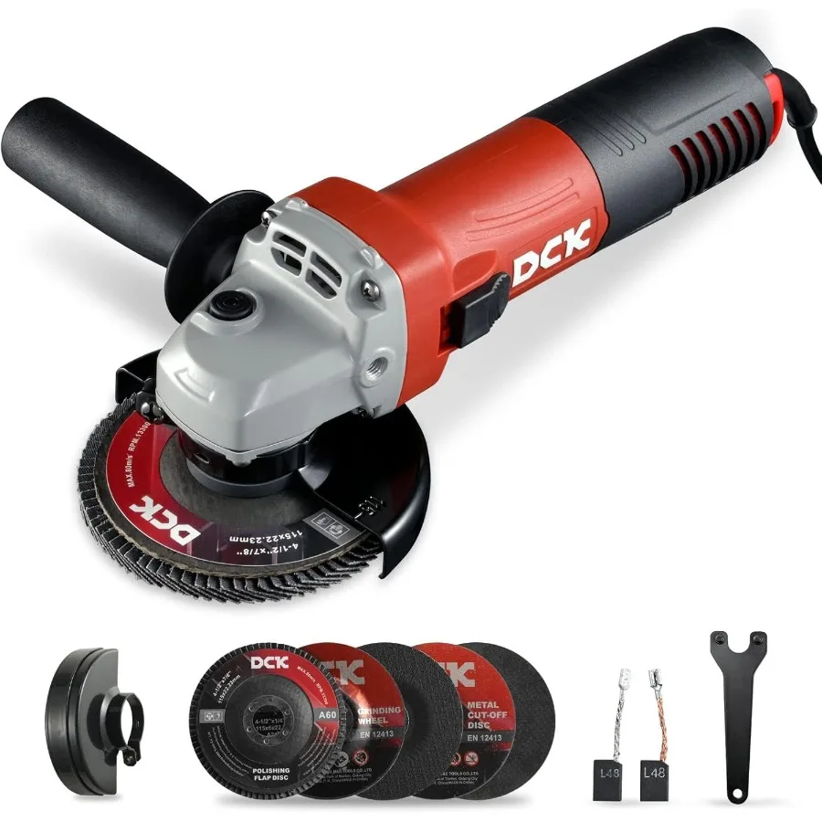 DCK Angle Grinder 4-1 2-Inch 6.7Amp Corded Angle Grinder 11 800 RPM with 2 Safety Guards 6-Piece Discs 2 Cutting 2 Grinding 2 F