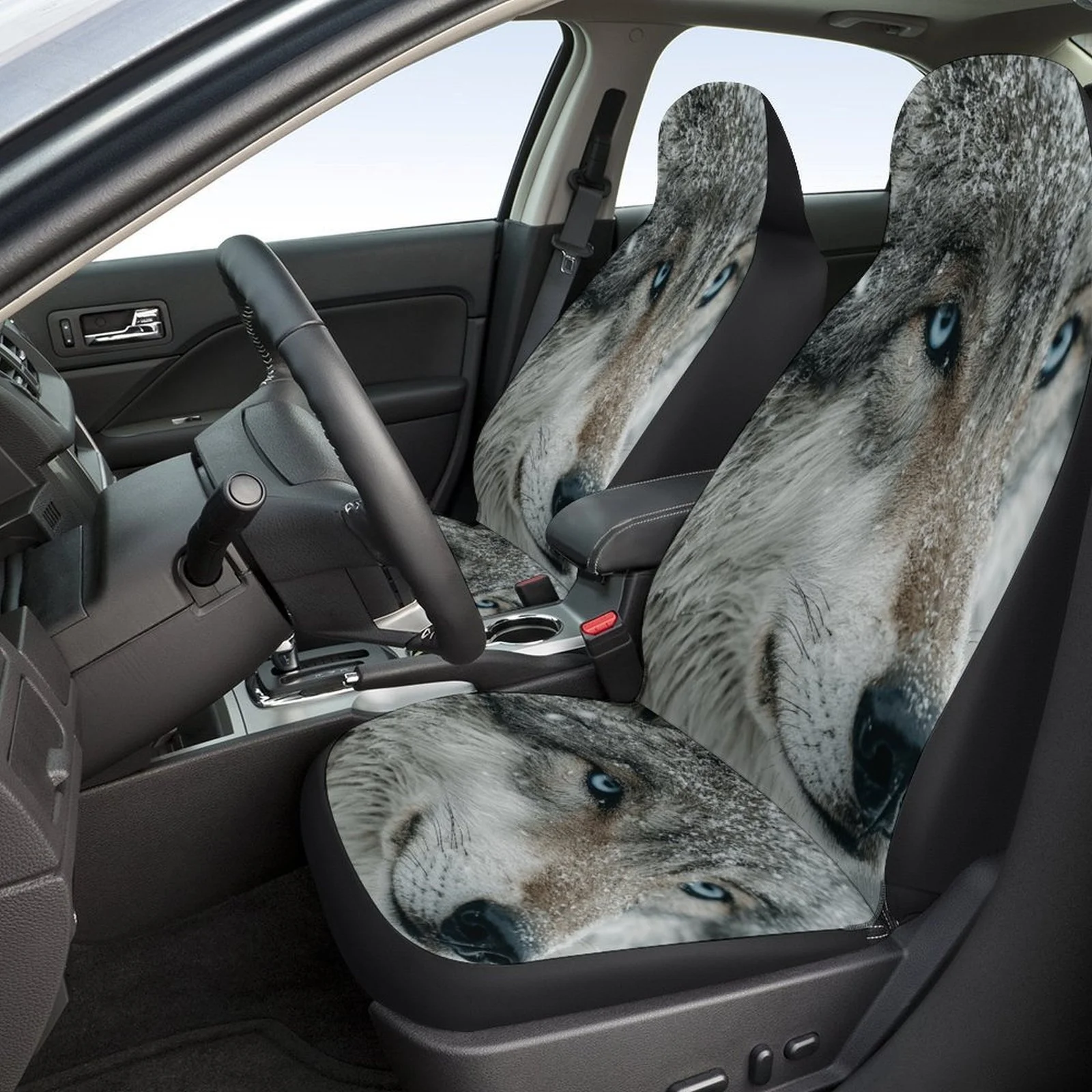 Wolf Winter Portrait Designed Car Seat Cover Set For Most Cars, Trendy Novelty High-quality Car Seat Protector Covers Full Set,