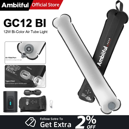 Ambitful GC12 Luz de tubo inflable bicolor, 12W 2500mAh, 2700K-6500K CRI 95 TLCI 96, luz de fotografía LED de mano regulable