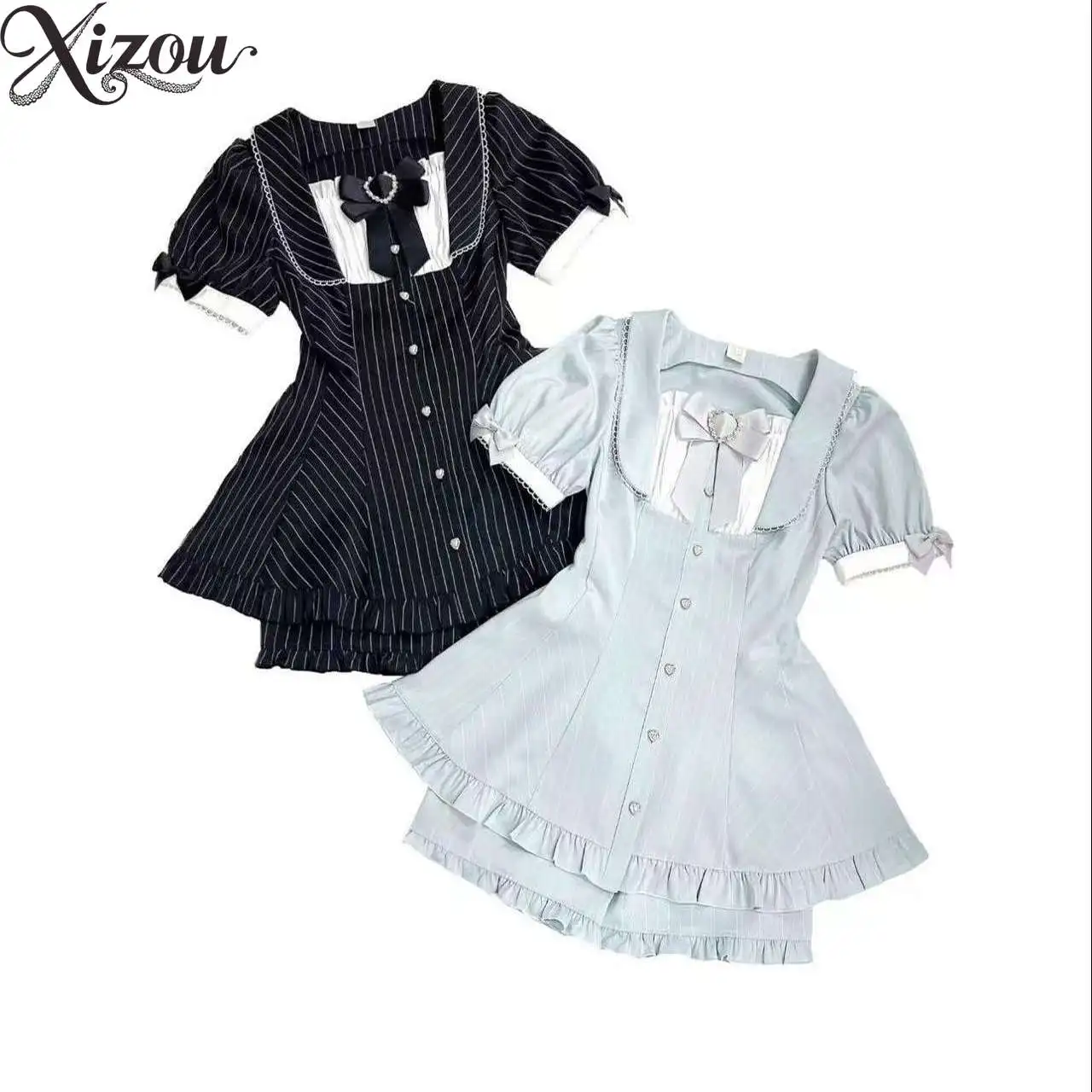 

2025 Summer Dress Japanese Pant Sweet Cute Two-Piece Set Short Puff Sleeve Bow Striped Top Lolita Outfit Ruffle Square Neck